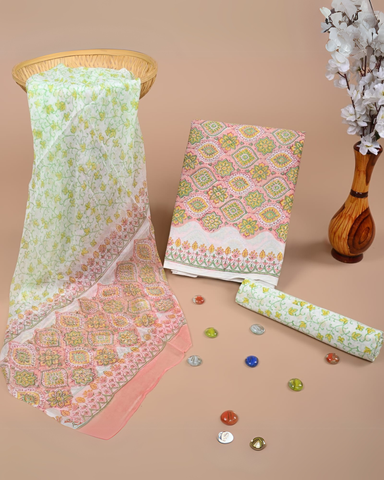 Peony Hand Block Printed Suit Set